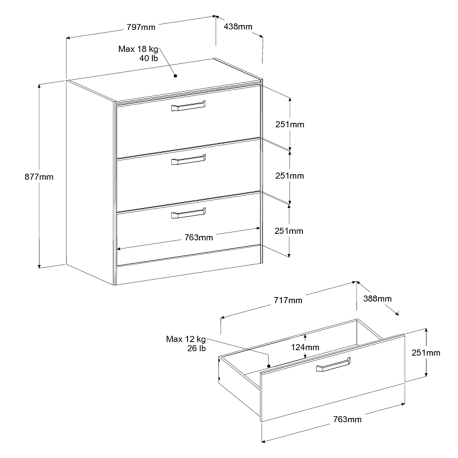 Cómoda DREAM com 3 gavetas - Branco mate e carvalho