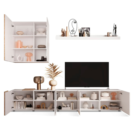 Estante TV VENUS com 3 elementos - Branco Brilho e Carvalho