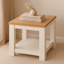 Mesa de apoio FLORENÇA com prateleira - Branco e Carvalho