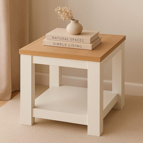 Mesa de apoio FLORENÇA com prateleira - Branco e Carvalho