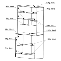 Móvel auxiliar de cozinha SOCOOL - Carvalho e Branco Mate - medidas e pesos