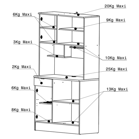 Móvel auxiliar de cozinha SOCOOL - Carvalho e Branco Mate - medidas e pesos