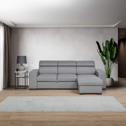 Sofá chaise longue reversível JORDAN II com cama, baú e puffs - Cinzento Sofá chaise longue reversível JORDAN II com cama, baú e puffs - Cinzento