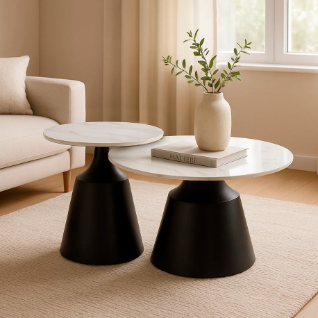 Conjunto 2 mesas de centro LAUREN - Branco Mármore e Preto