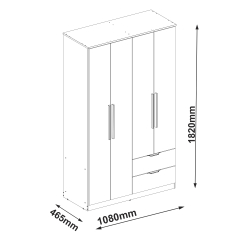 Roupeiro ALENA com 4 portas e 2 gavetas - Dimensões