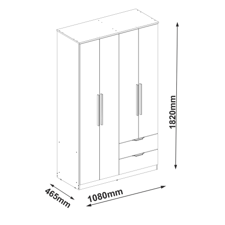 Roupeiro ALENA com 4 portas e 2 gavetas - Dimensões