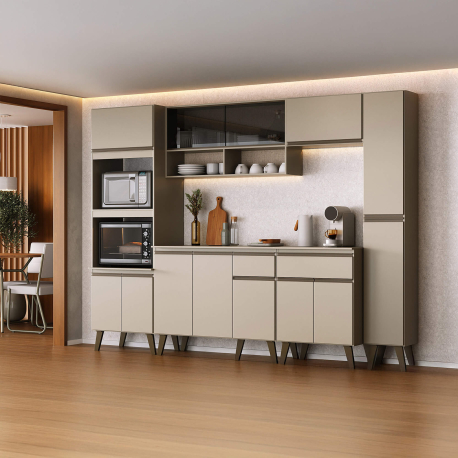 Bancada de cozinha KENAN com 2 portas e 1 gaveta - Amêndoa e Dourado