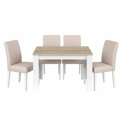 Pack mesa extensível BARCELONA + 4 cadeiras JULLIETE - branco, carvalho e bege