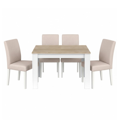 Pack mesa extensível BARCELONA + 4 cadeiras JULLIETE - branco, carvalho e bege