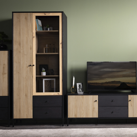 Pack sala de estar CORREZE - Carvalho Artesanato e Preto Mate Pack sala de estar CORREZE - Carvalho Artesanato e Preto Mate