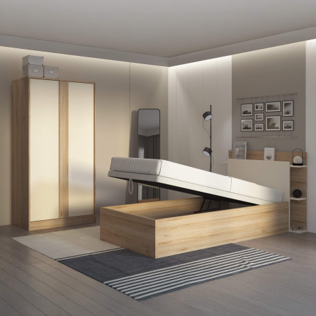 Pack cama de solteiro elevatória BRENDA + Colchão HOMYSLEEP SPRING ROLLER - Carvalho oak e visón