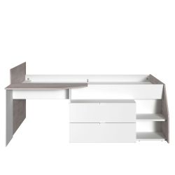 Cama alta MILKY com 2 gavetas e secretária - Branco e Cinzento Cama alta MILKY com 2 gavetas e secretária - Branco e Cinzento