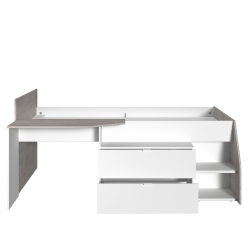 Cama alta MILKY com 2 gavetas e secretária - Branco e Cinzento Cama alta MILKY com 2 gavetas e secretária - Branco e Cinzento