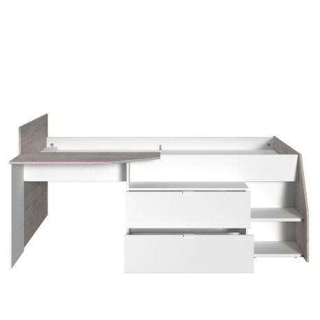 Cama alta MILKY com 2 gavetas e secretária - Branco e Cinzento Cama alta MILKY com 2 gavetas e secretária - Branco e Cinzento