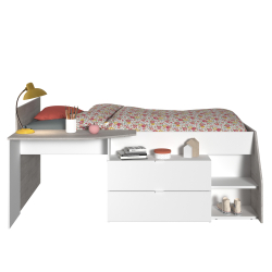 Cama alta MILKY com 2 gavetas e secretária - Branco e Cinzento Cama alta MILKY com 2 gavetas e secretária - Branco e Cinzento