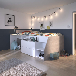 Cama alta MILKY com 2 gavetas e secretária - Branco e Cinzento Cama alta MILKY com 2 gavetas e secretária - Branco e Cinzento