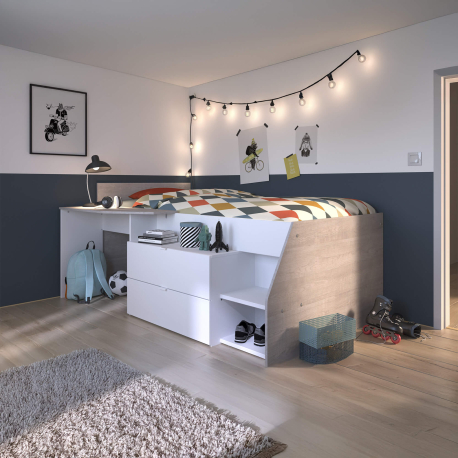 Cama alta MILKY com 2 gavetas e secretária - Branco e Cinzento Cama alta MILKY com 2 gavetas e secretária - Branco e Cinzento