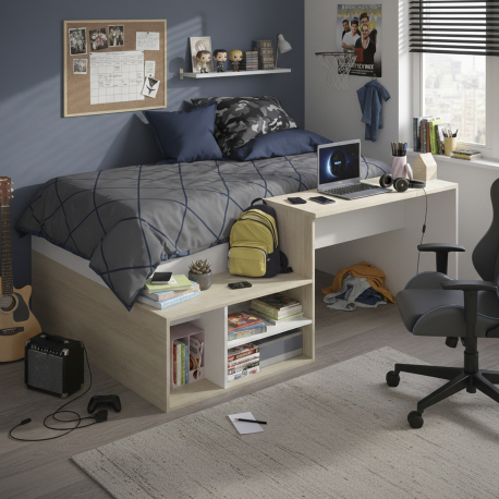 Cama alta ERICK com secretária - Branco e Carvalho Cama alta ERICK com secretária - Branco e Carvalho