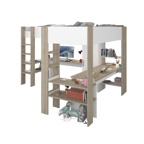 Cama alta dupla ALEXANDRIA com secretária - Camas Altas