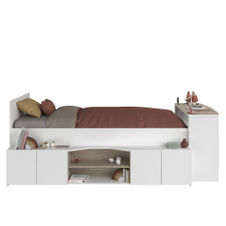 Cama alta reversível CLEO com secretária e arrumação - Branco Mate e Carvalho