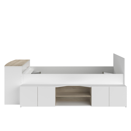 Cama alta reversível CLEO com secretária e arrumação - Branco Mate e Carvalho