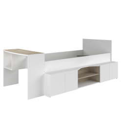 Cama alta reversível CLEO com secretária e arrumação - Branco Mate e Carvalho