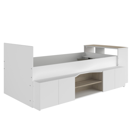 Cama alta reversível CLEO com secretária e arrumação - Branco Mate e Carvalho