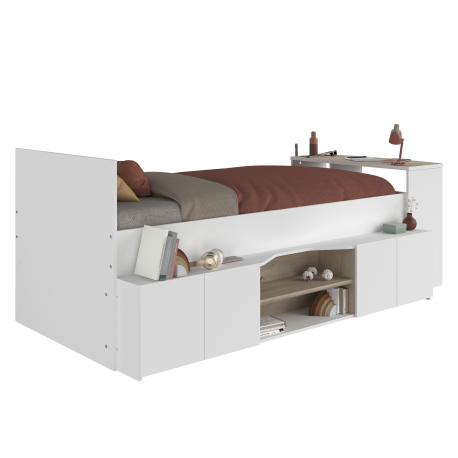 Cama alta reversível CLEO com secretária e arrumação - Branco Mate e Carvalho