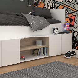 Cama alta reversível CLEO com secretária e arrumação - Branco Mate e Carvalho