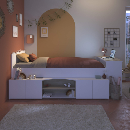 Cama alta reversível CLEO com secretária e arrumação - Branco Mate e Carvalho