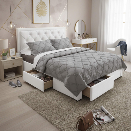 Cama de casal BIA com 4 gavetas - Branco Memphis (140cm, 160cm e 180cm)
