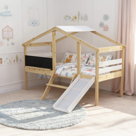 Cama alta infantil SLIDER com escorrega e quadro de lousa - Carvalho Natura e Branco, Tamanho - 90 x 200 cm Cama alta infantil SLIDER com escorrega e quadro de lousa - Carvalho Natura e Branco, Tamanho - 90 x 200 cm