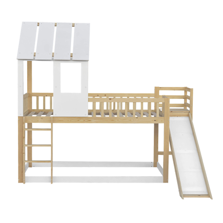 Cama alta dupla TOBO com escorrega - Carvalho Natura e Branco, Tamanho - 90 x 200 cm
