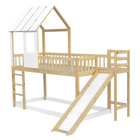 Cama alta dupla TOBO com escorrega - Carvalho Natura e Branco, Tamanho - 90 x 200 cm
