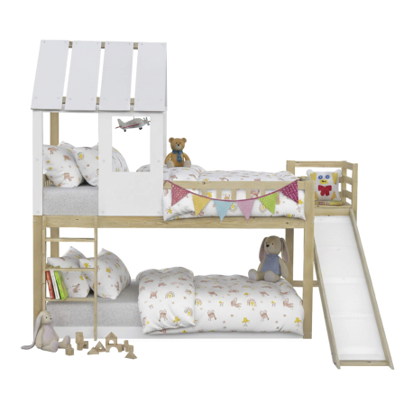 Cama alta dupla TOBO com escorrega - Carvalho Natura e Branco, Tamanho - 90 x 200 cm