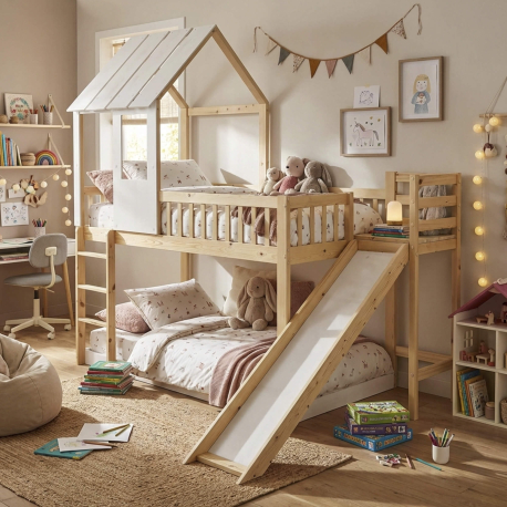 Cama alta dupla TOBO com escorrega - Carvalho Natura e Branco, Tamanho - 90 x 200 cm