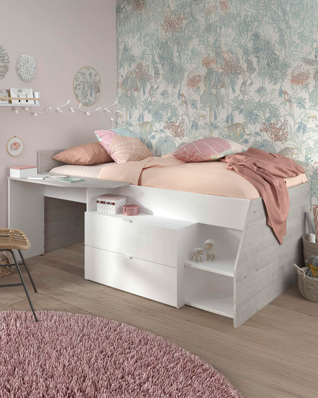 MILKY high sleeper with 2 drawers and desk