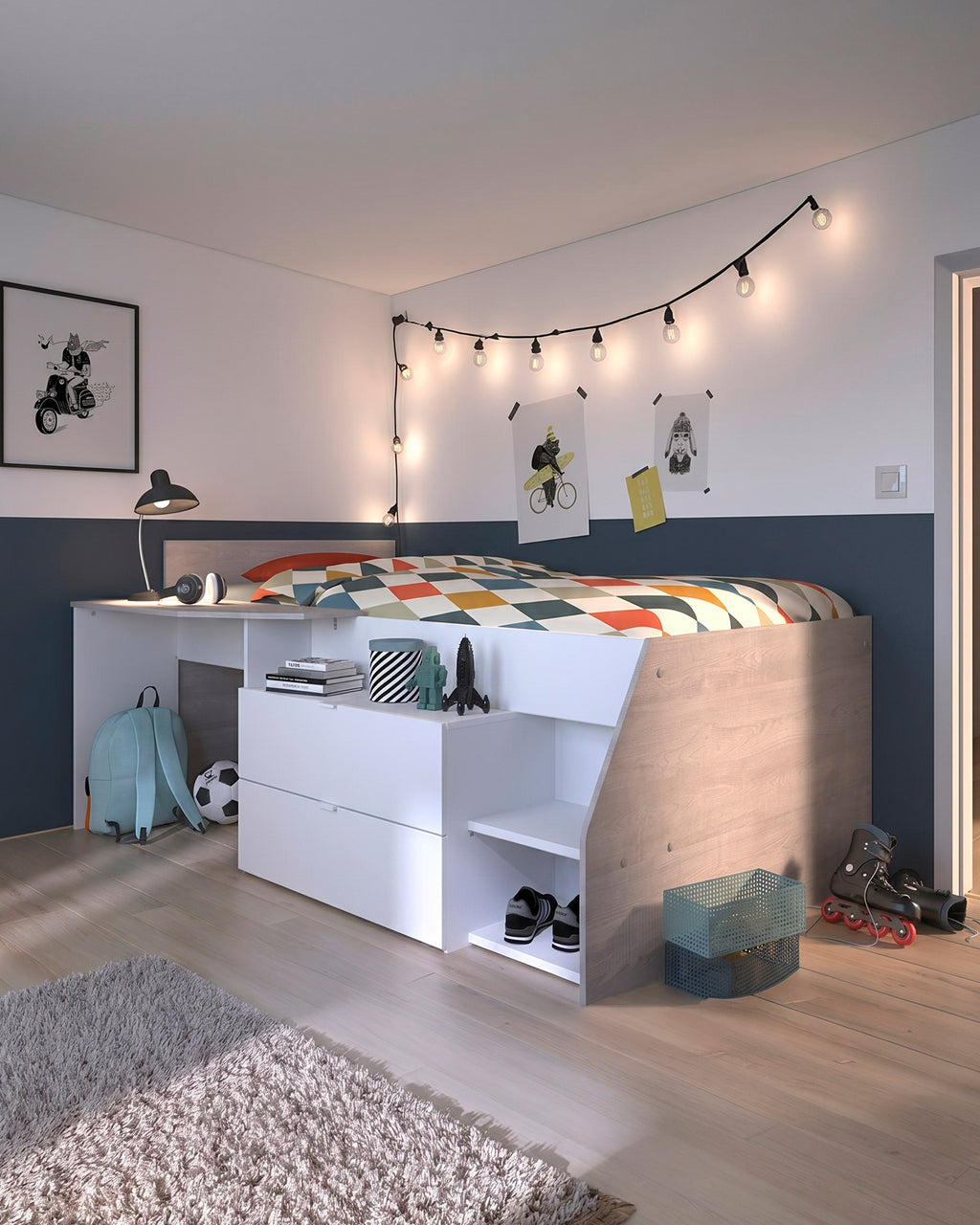 Cama alta MILKY + colchón SPRING ROLLER