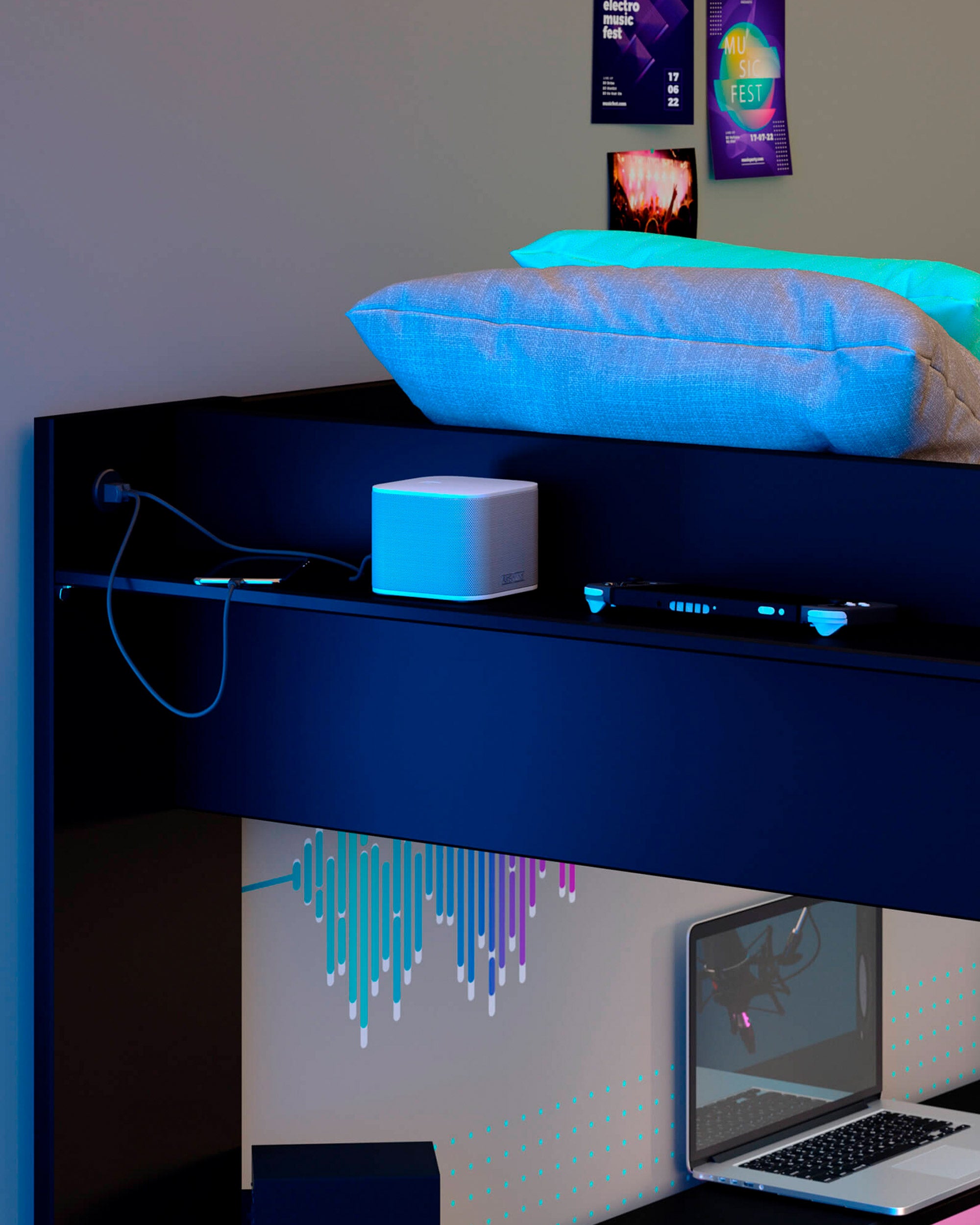 Cama alta gamer ONLINE con LED y escritorio