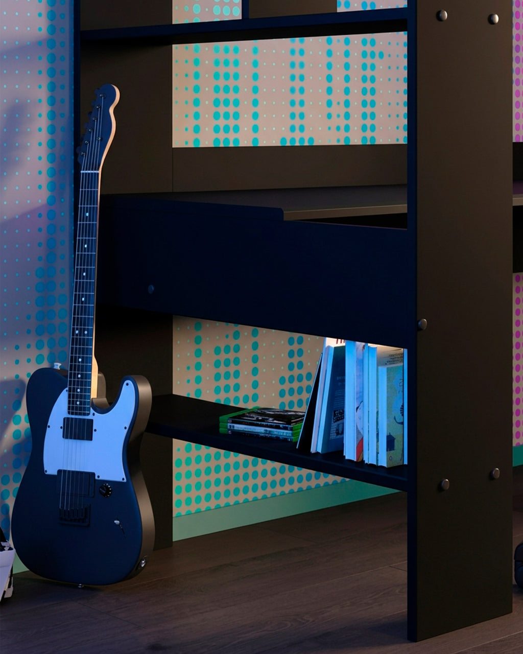 Cama alta gamer ONLINE con LED y escritorio
