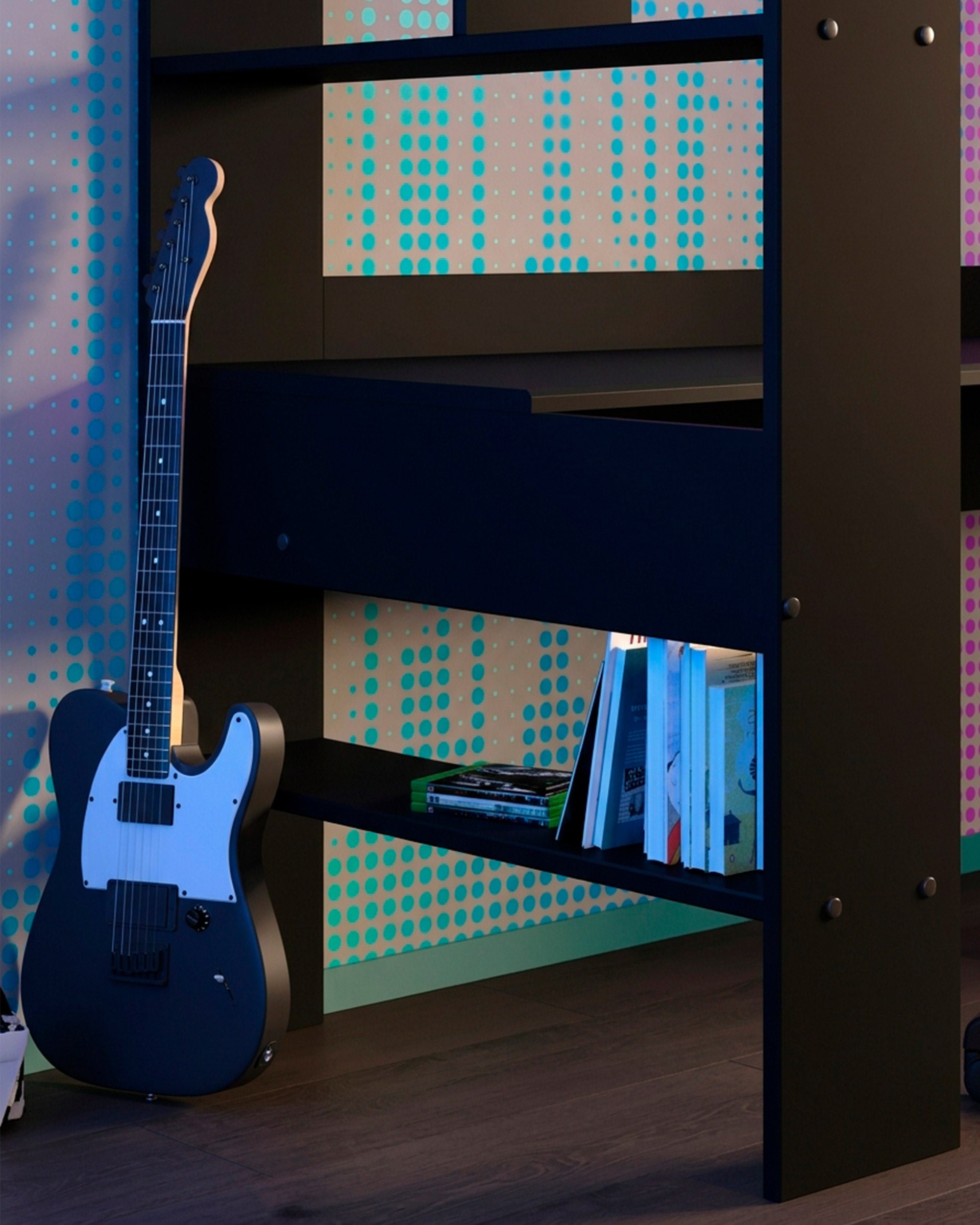 Cama alta gamer ONLINE con LED y escritorio