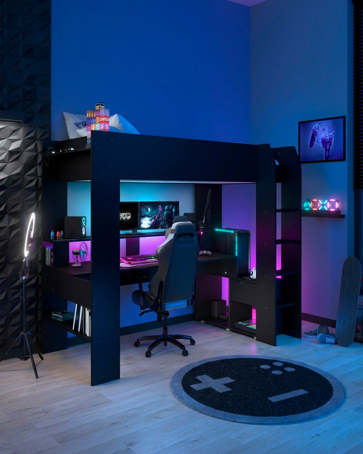 Cama alta gamer ONLINE con LED y escritorio