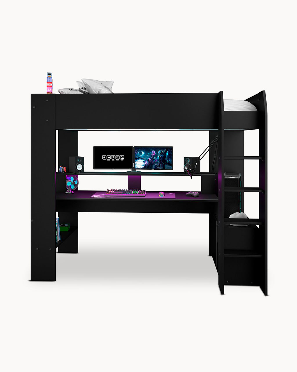 Cama alta gamer ONLINE con LED y escritorio