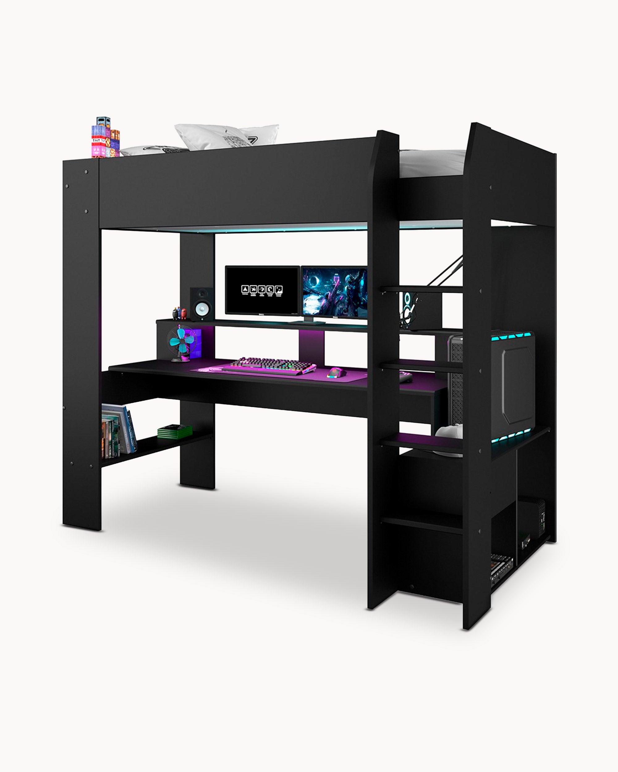 Cama alta gamer ONLINE con LED y escritorio