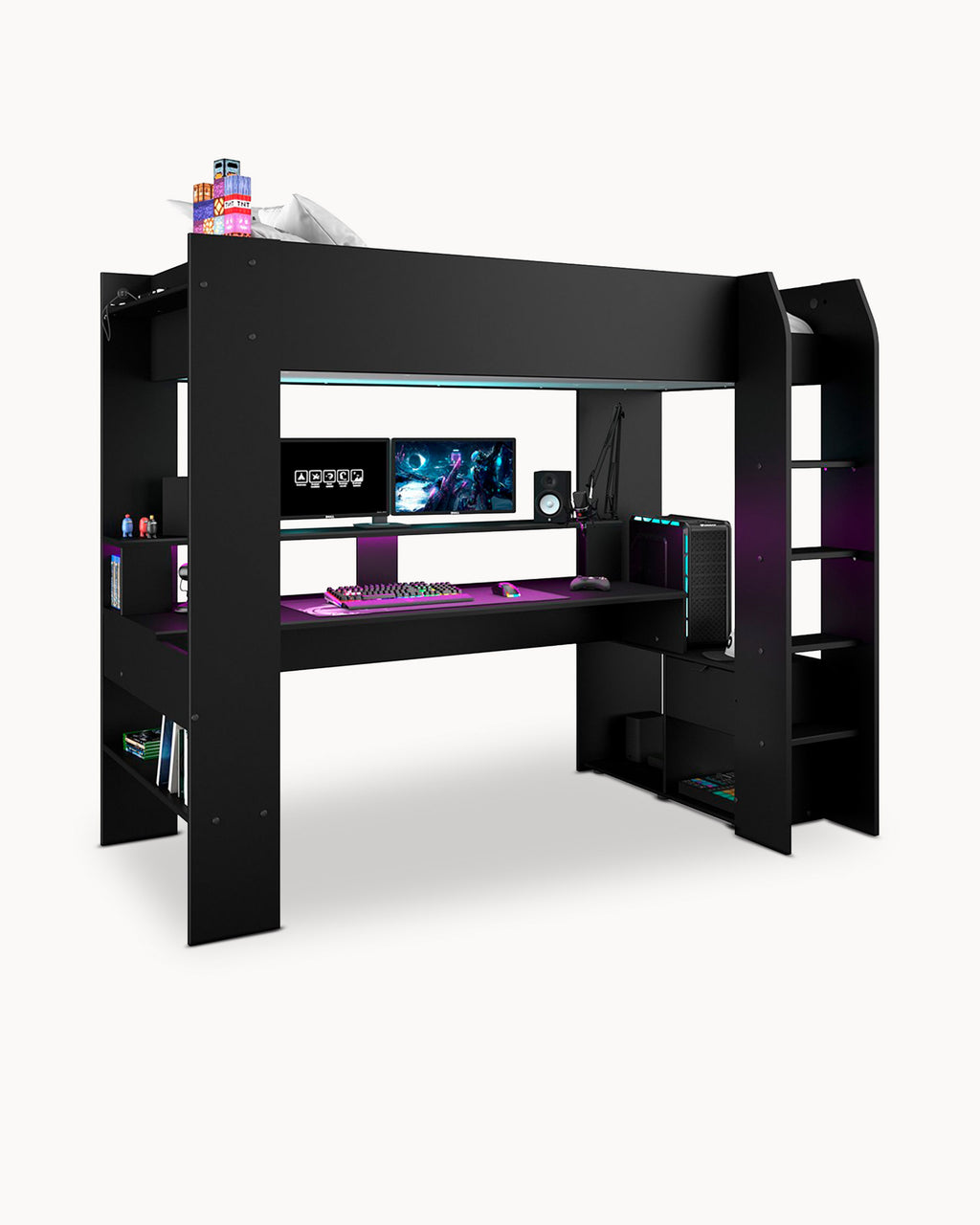 Cama alta gamer ONLINE con LED y escritorio