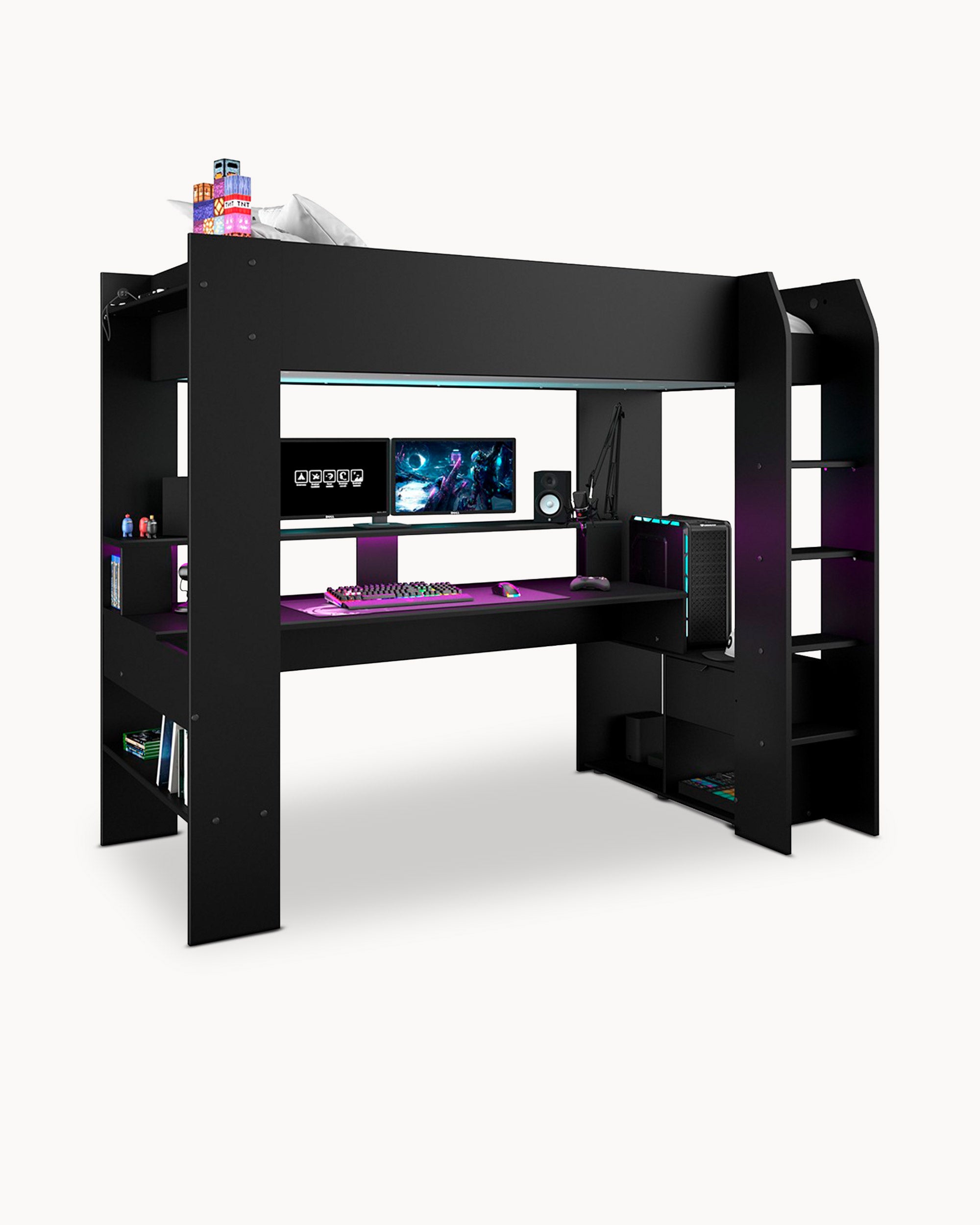 Cama alta gamer ONLINE con LED y escritorio