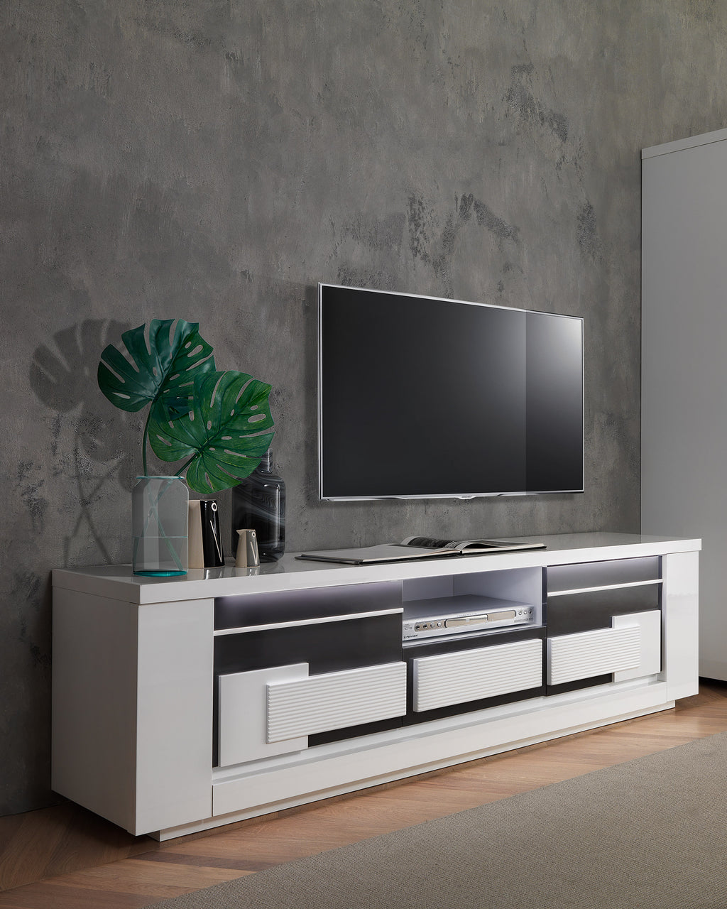 Mueble de TV BELLARIVA con LED, 2 puertas y 1 cajón