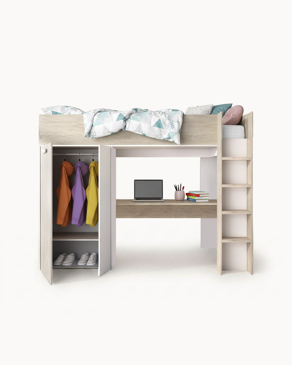 GASPAR reversible high sleeper bed with desk and wardrobe