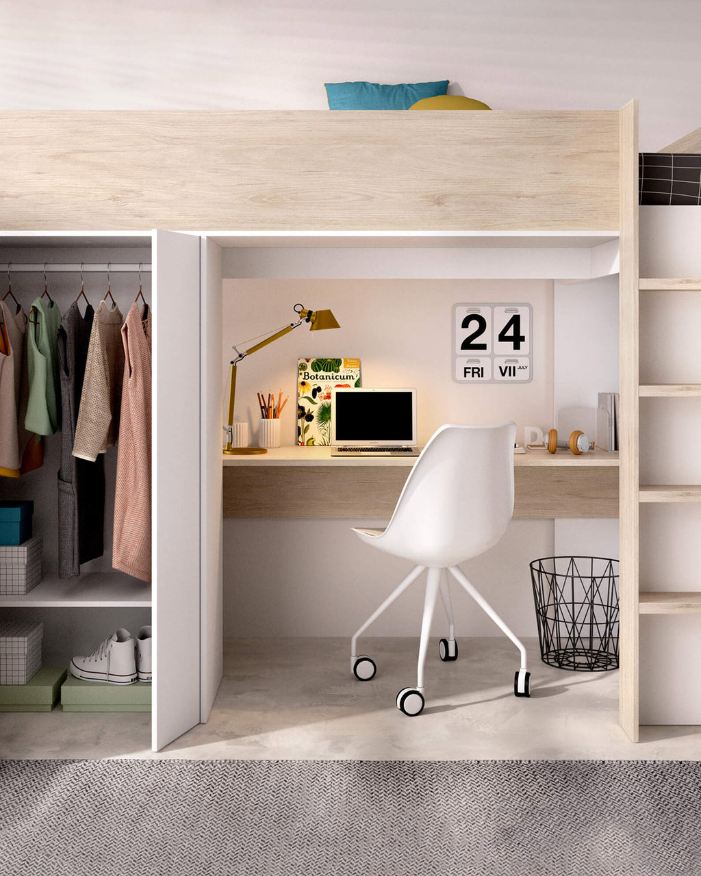 GASPAR reversible high sleeper bed with desk and wardrobe