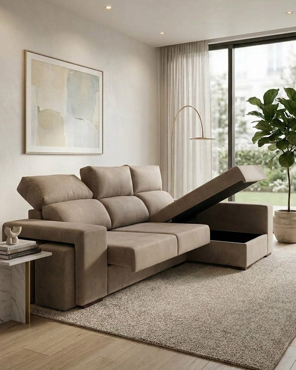 Sofá chaise longue MARBELLA com baú e puffs